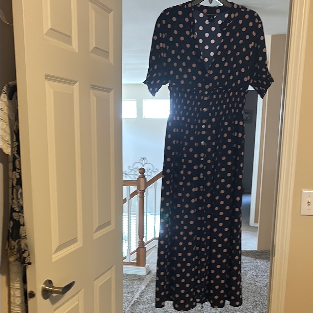 Elegant Navy and Pink Polka Dot Long Sleeve Dress